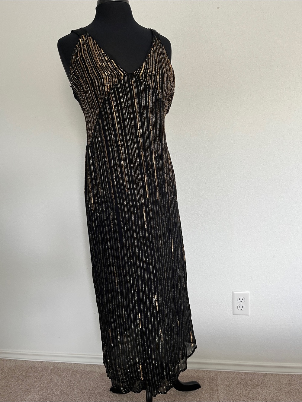 Zara Black & Gold Striped V-Neck sequins Dress